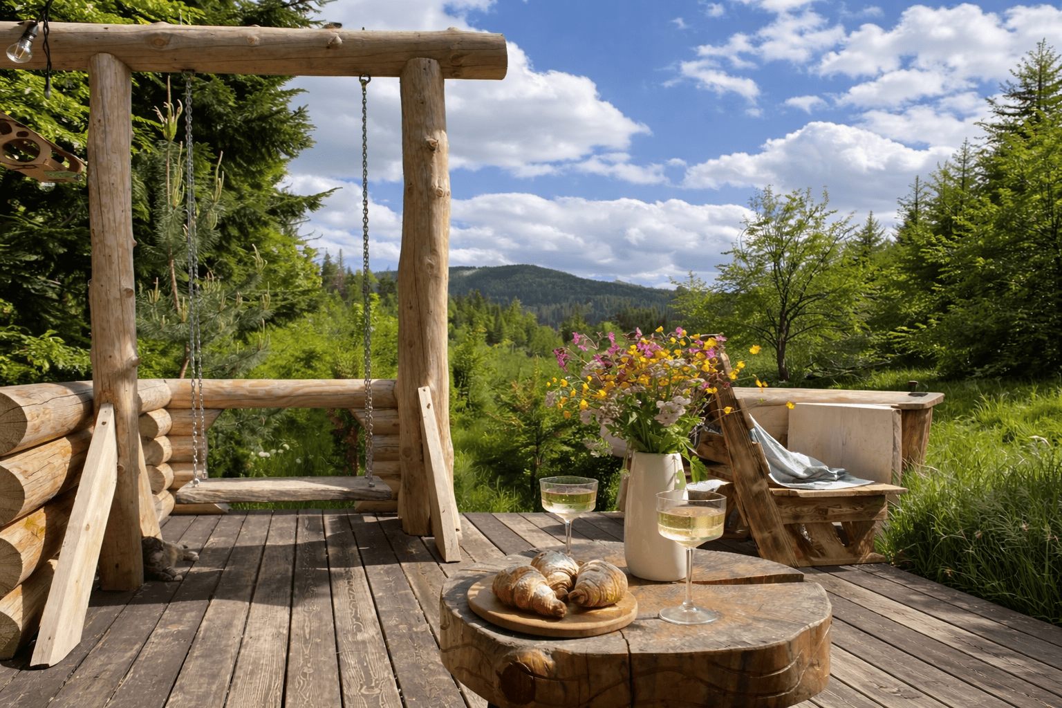 Тераса котеджу Wood Life з видом на Карпатські гори